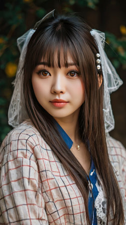 A young woman gazes directly at the camera with soft lighting and gentle expression, perfect for beauty and fashion concepts.の素材