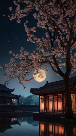 A tranquil night scene with cherry blossoms and a full moon overlooking traditional Asian buildings and water for travel and culture concepts.の素材