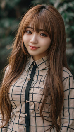 Young Asian woman smiles gently in a portrait outdoors wearing a stylish checkered shirt Great for fashion or lifestyle content.の素材