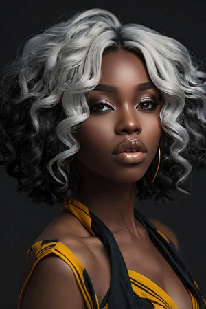 Elegant black woman with dark skin and stylish platinum curly hair poses gracefully against a dark background, suitable for beauty or fashion campaigns.の素材