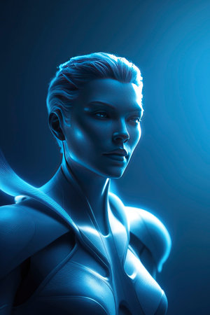 Close-up of a woman with futuristic armor bathed in a soft blue light, creating a sleek, modern aesthetic ideal for science fiction and technology concepts.の素材