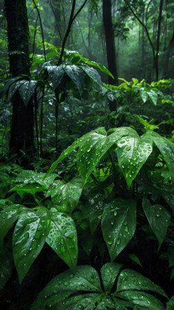 Vibrant green leaves covered in raindrops create a calming mood inside a misty rainforest Ideal for nature and travel projects.の素材