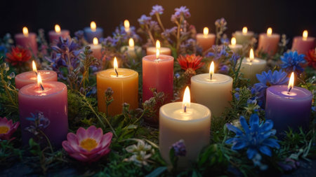 Collection of lit candles surrounded by colorful flowers and greenery adds a soft glow and festive mood, perfect for event decorations and peaceful backgrounds.の素材