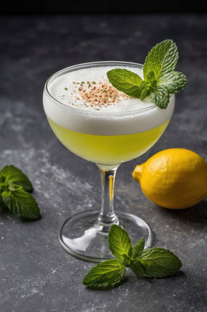 Bright cocktail with lemon and mint offers a refreshing taste against a dark backdrop Perfect for food and beverage publications.の素材