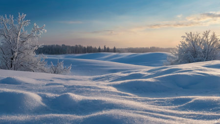 Idyllic snowy landscape featuring frosted trees and gentle rolling hills bathed in soft light, creating a serene winter scene ideal for seasonal themes.の素材