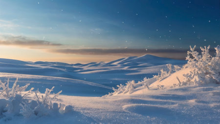 Frosty bushes frame a winter landscape of snowy hills under a soft sunset glow, perfect for winter nature and travel themes.の素材