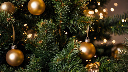 Close up of a Christmas tree with shimmering gold baubles and soft glowing lights adds a festive holiday mood, perfect for seasonal promotions.の素材