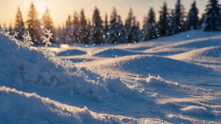 Snow covered landscape with falling snowflakes is bathed in the golden light of the setting sun, perfect for winter scenery or seasonal backdrop.の素材