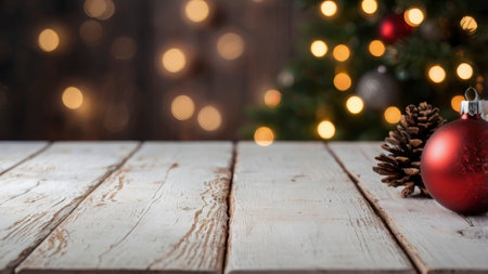 Red christmas ornament and pine cone sit on a wooden table with twinkling lights creating a festive atmosphere Perfect for holiday greetings and product displays.の素材