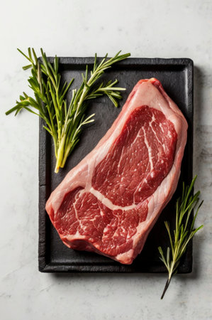 Raw beef steak sits on a black tray with rosemary sprigs ready to be cooked Perfect for food blogs and cooking illustrations.の素材
