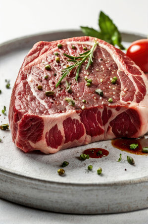Fresh, uncooked chuck steak garnished with rosemary and seasonings sits on a gray plate ready to be cooked Great for culinary projects.の素材