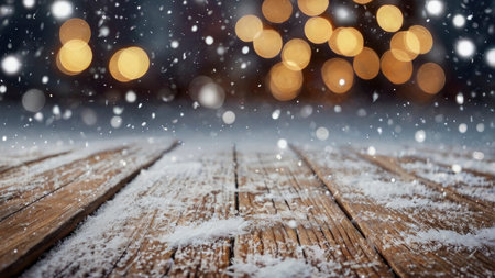 Snow falls gently onto a rustic wooden table with soft bokeh lights in the background Great for holiday and festive backgrounds.の素材