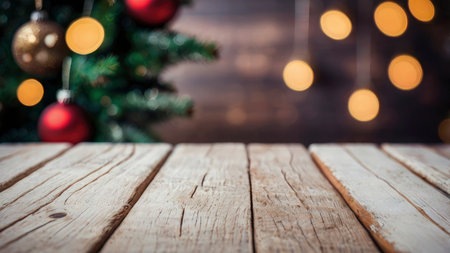 Festive holiday backdrop shows Christmas tree with lights behind a rustic wooden tabletop Ideal for showcasing seasonal products and designs.の素材