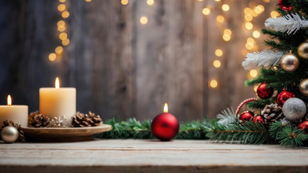 Burning candles and a decorated Christmas tree create a cozy holiday scene on a wooden surface, ideal for festive designs and greetings.の素材