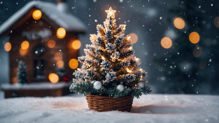 A miniature Christmas tree with lights and star sits in the snow during winter holiday season Great for Christmas cards and backgrounds.の素材