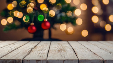Festive Christmas tree with ornaments and bokeh lights is on wooden table for product placement or holiday cards.の素材