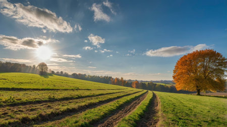 Scenic autumn field features a vibrant golden tree and tire tracks under bright sunlight offering a tranquil rural scene for seasonal or travel themes.の素材