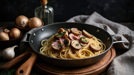 A pan of spaghetti is topped with mushrooms and ham and surrounded by fresh ingredients, perfect for food blog posts.の素材