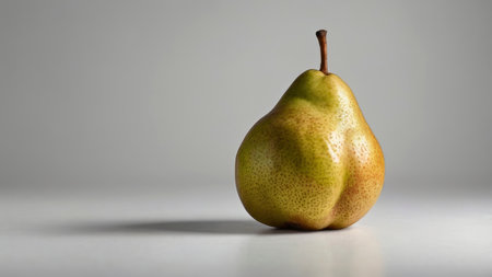 Studio shot of a ripe green pear casting a shadow on a plain background, ideal for illustrating healthy eating and nutrition concepts.の素材