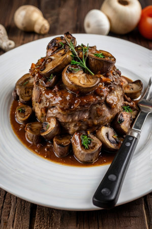 Tender beef medallion covered with mushrooms and gravy is served on a white plate Perfect for food blogs and culinary publications.の素材