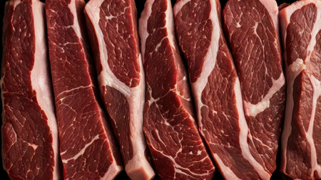 Fresh cuts of raw chuck steak display vibrant marbling against a dark background, ideal for culinary and food photography.の素材