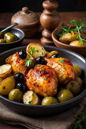Delicious roasted chicken thighs served with potatoes and olives, presented in a rustic bowl perfect for food blogs and culinary promotions.の素材