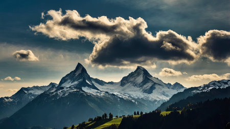 Majestic snow-capped mountain peaks pierce the sky beneath dark, billowing clouds and green slopes, ideal for adventure and scenery publications.の素材