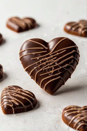 Heart shaped cookies covered with chocolate and drizzled with icing on a textured white background make a sweet treat for baking projects.の素材