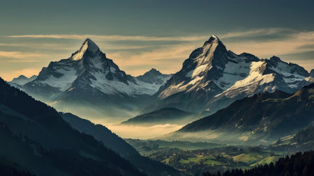 Scenic view of snow-capped mountains with valley and foggy backdrop creates a peaceful landscape suitable for travel and nature projects.の素材