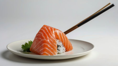 Fresh salmon sushi roll is beautifully presented on a plate with chopsticks, offering a modern twist on Japanese cuisine, perfect for food blogs.の素材