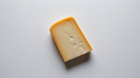 Overhead view of a block of gouda cheese with holes on a white surface for culinary projects.の素材