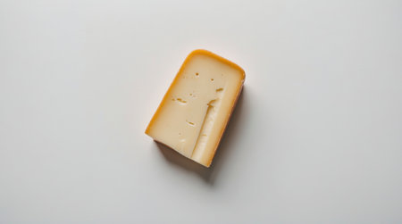 A studio shot displays a fresh piece of Gouda cheese showing holes on a bright plain surface great for culinary applications.の素材