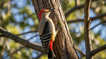 Vibrant red-bellied woodpecker clings to a tree trunk amongst leafy branches and blurred bokeh background Perfect for wildlife or ornithology projects.の素材
