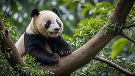 A panda rests on a tree branch surrounded by green leaves, creating a tranquil scene for wildlife and nature enthusiasts alike.の素材
