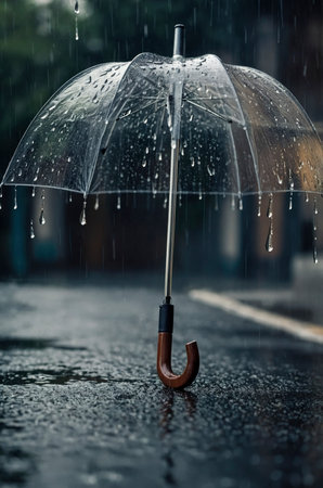 A transparent umbrella is drenched in raindrops, standing on a rain-slicked street, creating a moody scene. This image is perfect for weather, travel, or lifestyle content.の素材