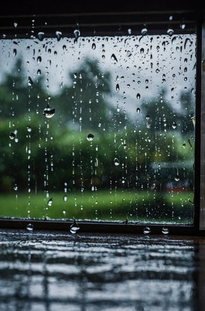 Raindrops cascading down a window create a melancholic mood with a blurry green landscape background, evoking a sense of tranquility; perfect for home decor or artistic projects.の素材