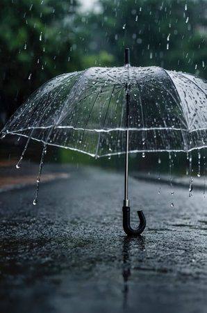 A clear umbrella protects from raindrops on a wet asphalt road, reflecting the mood of a rainy day, perfect for weather and outdoor themes.の素材