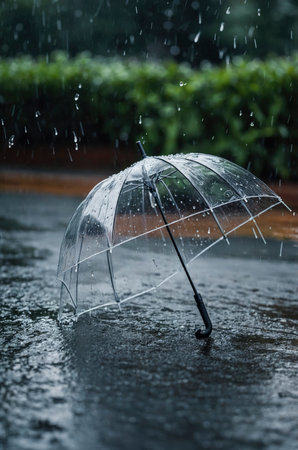 A clear umbrella sits in a puddle during a rain shower, with raindrops falling and green foliage blurred in the background Perfect for illustrating weather or lifestyle content.の素材