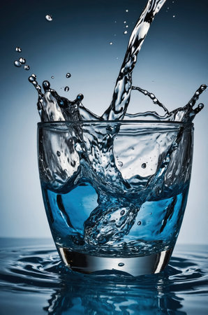 A stream of water is pouring into a glass creating an impressive splash with clear droplets, capturing movement and freshness, perfect for beverages or hydration themes.の素材