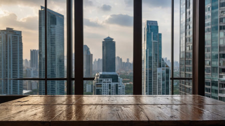 A wooden table sits in front of a large window overlooking a modern cityscape at dusk. This image is perfect for showcasing products or creating a business backdrop.の素材