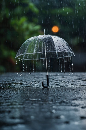 A transparent umbrella stands in the rain, with water droplets falling from it, creating a calming and peaceful atmosphere suitable for weather or lifestyle visuals.の素材