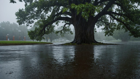 A large oak tree stands majestically in a rainstorm, its branches reaching out over a wet asphalt landscape Perfect for nature photography and environmental content.の素材
