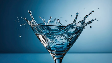 A clear martini glass is shown with water splashing dramatically, creating a dynamic and energetic visual against a blue backdrop. This image is perfect for beverage advertising, food blogs, and refreshing concepts.の素材