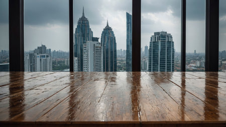 A wet wooden table reflects a city skyline seen through large windows, showing tall buildings and a cloudy sky. This image is perfect for backgrounds, concepts, or website banners.の素材