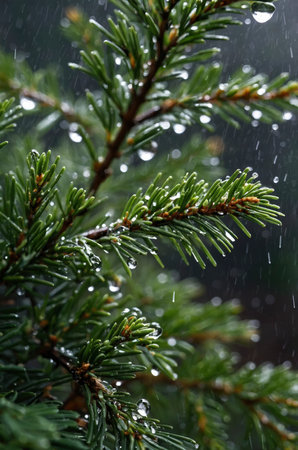 Close up of vibrant green pine needles and water droplets, creating a serene nature scene during a rainfall event. Ideal for illustrating freshness, seasons, and natural beauty.の素材