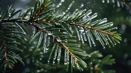 Close up of a pine branch covered in water droplets during a rain shower showing the beauty of nature and fresh water You can use this for nature, weather, and macro photography projects.の素材