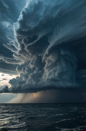 An impressive display of dark storm clouds looming over the ocean creating a sense of awe and impending weather, perfect for weather reports and dramatic visuals.の素材