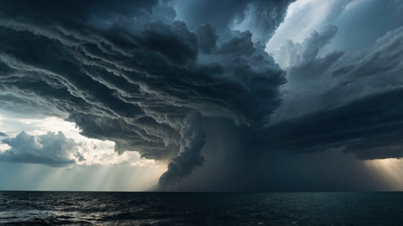 A powerful storm looms over a dark ocean, showcasing ominous clouds and heavy rain creating a dramatic and moody scene. Perfect for weather reports and disaster concepts.の素材