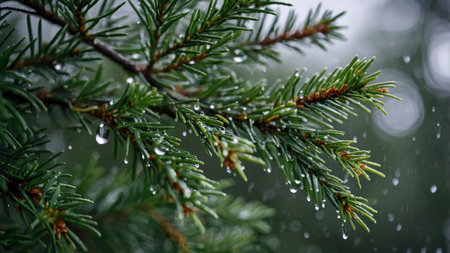 A close up view of a vibrant green evergreen branch covered in fresh raindrops on a rainy day perfect for nature and environmental content usage.の素材