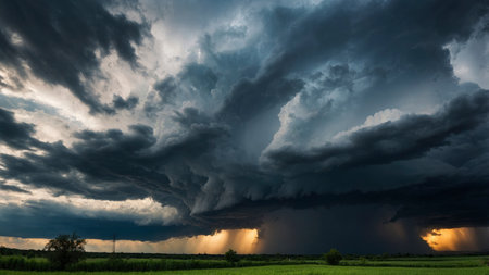 Ominous storm clouds dominate the sky, casting a dramatic mood over green fields and distant trees, with shafts of sunlight breaking through. This image is perfect for weather reports, landscape projects or dramatic artwork.の素材